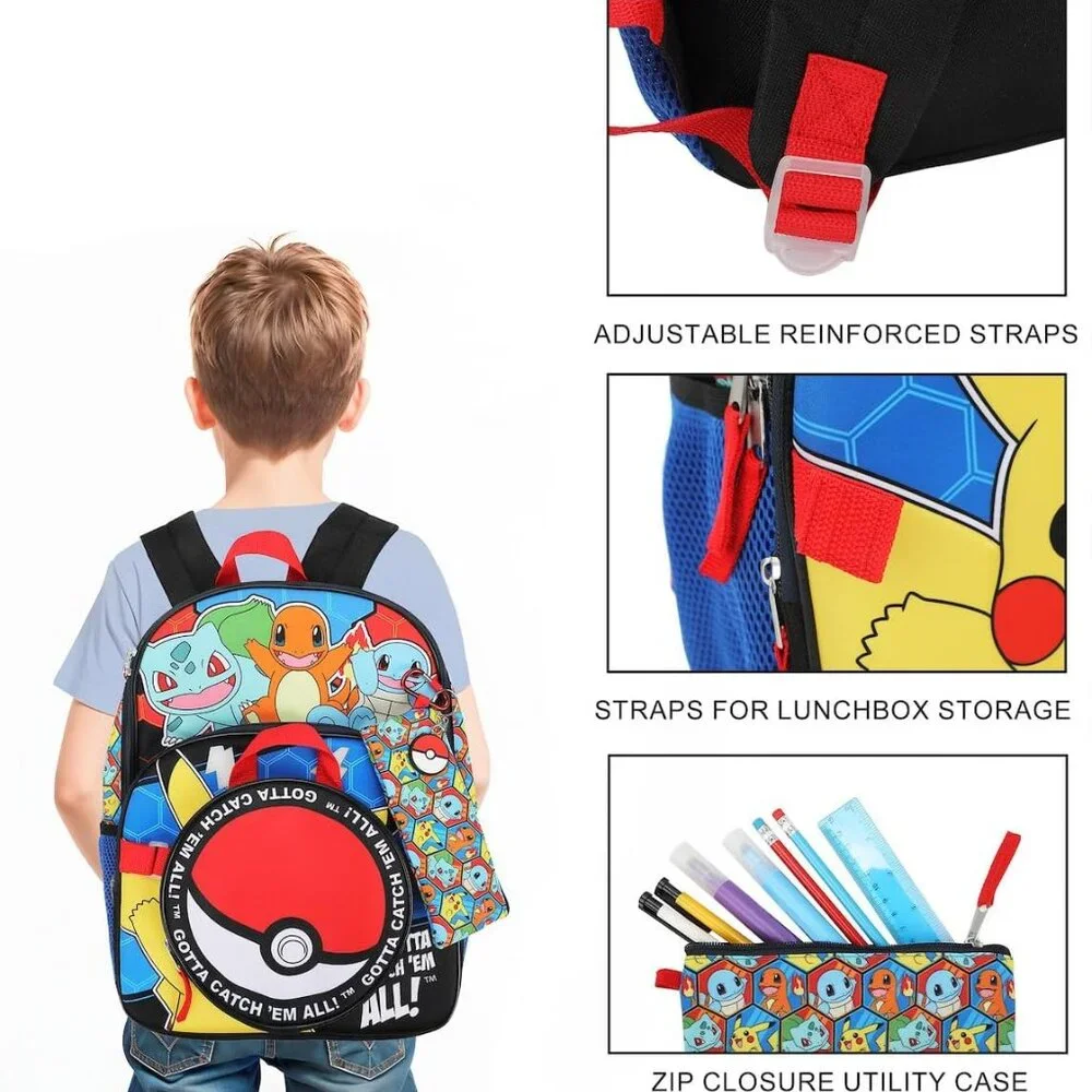 Pokemon Characters and Poke Balls 5-Piece Backpack Set